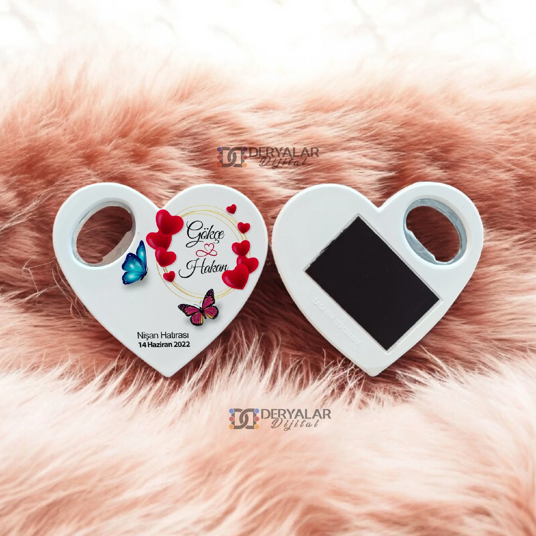 DRY23 Kalp Şeklinde Şişe Açacağı Magnet Kişiye Özel Baskı Toplu Hediyelik