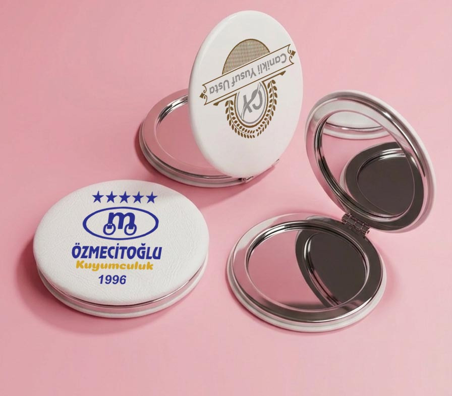 Yuvarlak Model Metal Cep Aynası Deri Dış Yüzey 6x6 CM Özel Logo Baskılı