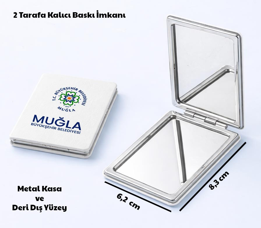 Dikdörtgen Model Metal Cep Aynası Deri Dış Yüzey 6,2 x 8,3 cm Özel Logo Baskılı