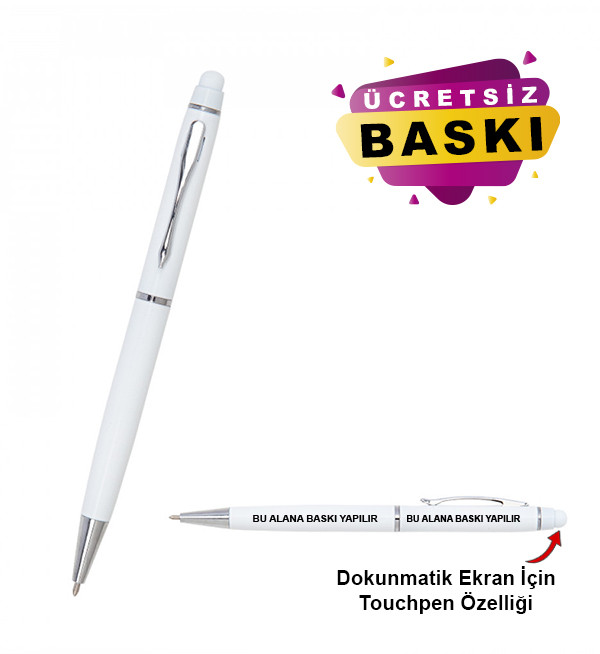 Beyaz Renk Metal Tükenmez Touchpen Promosyon Kalem 1022 Model