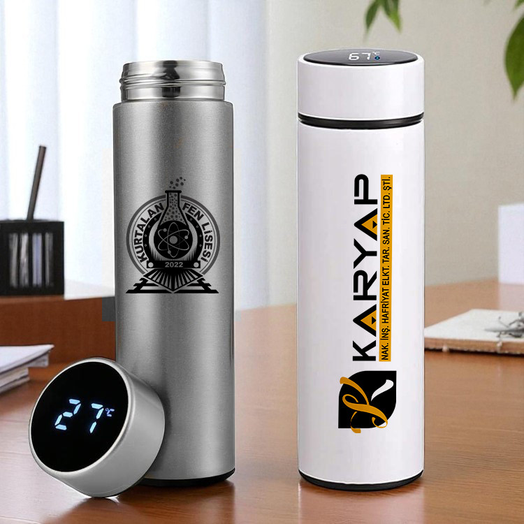 Firmaya Özel Baskılı Filtreli Dijital Göstergeli Çelik Termos - 450mlt