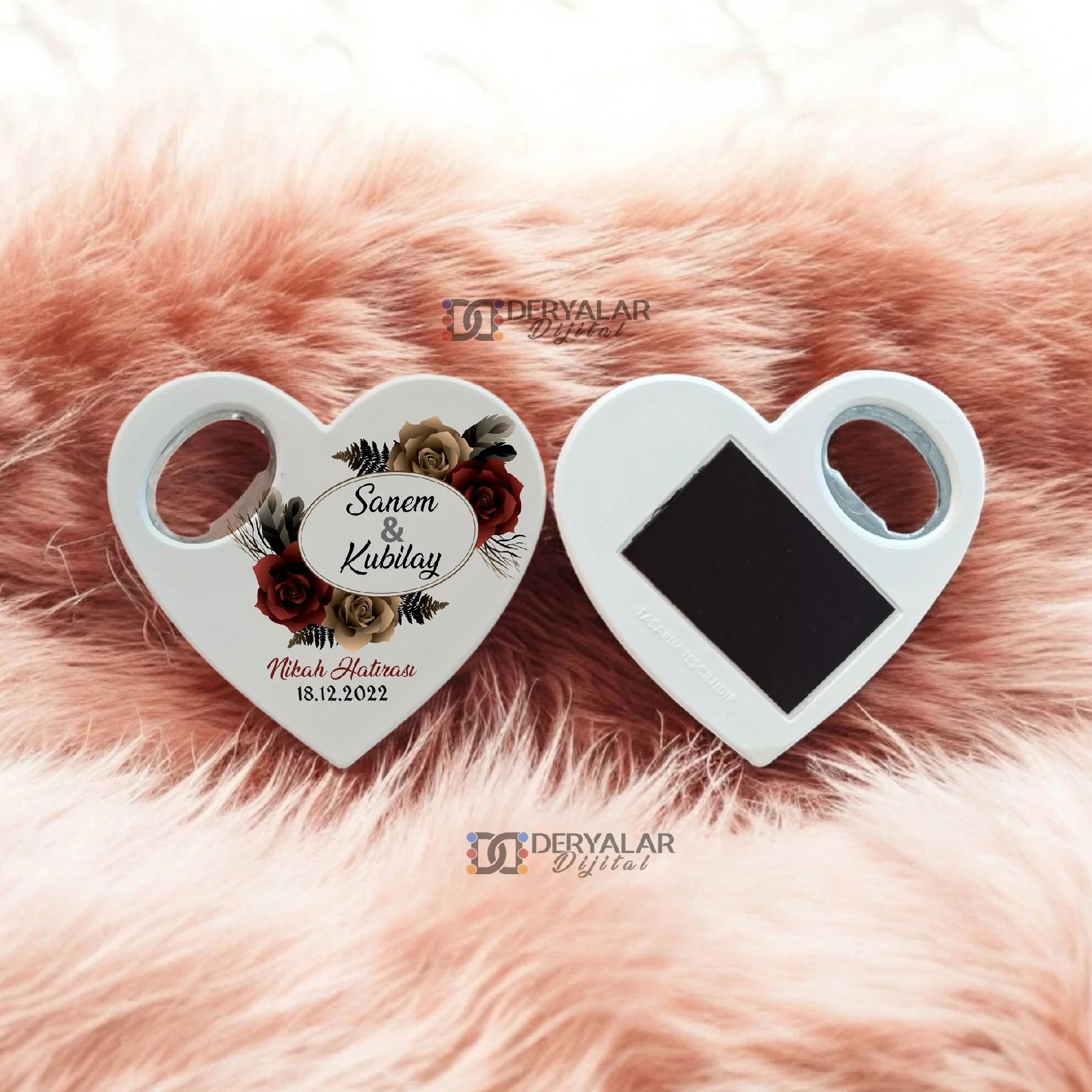 DRY6 Kalp Şeklinde Şişe Açacağı Magnet Kişiye Özel Baskı Toplu Hediyelik