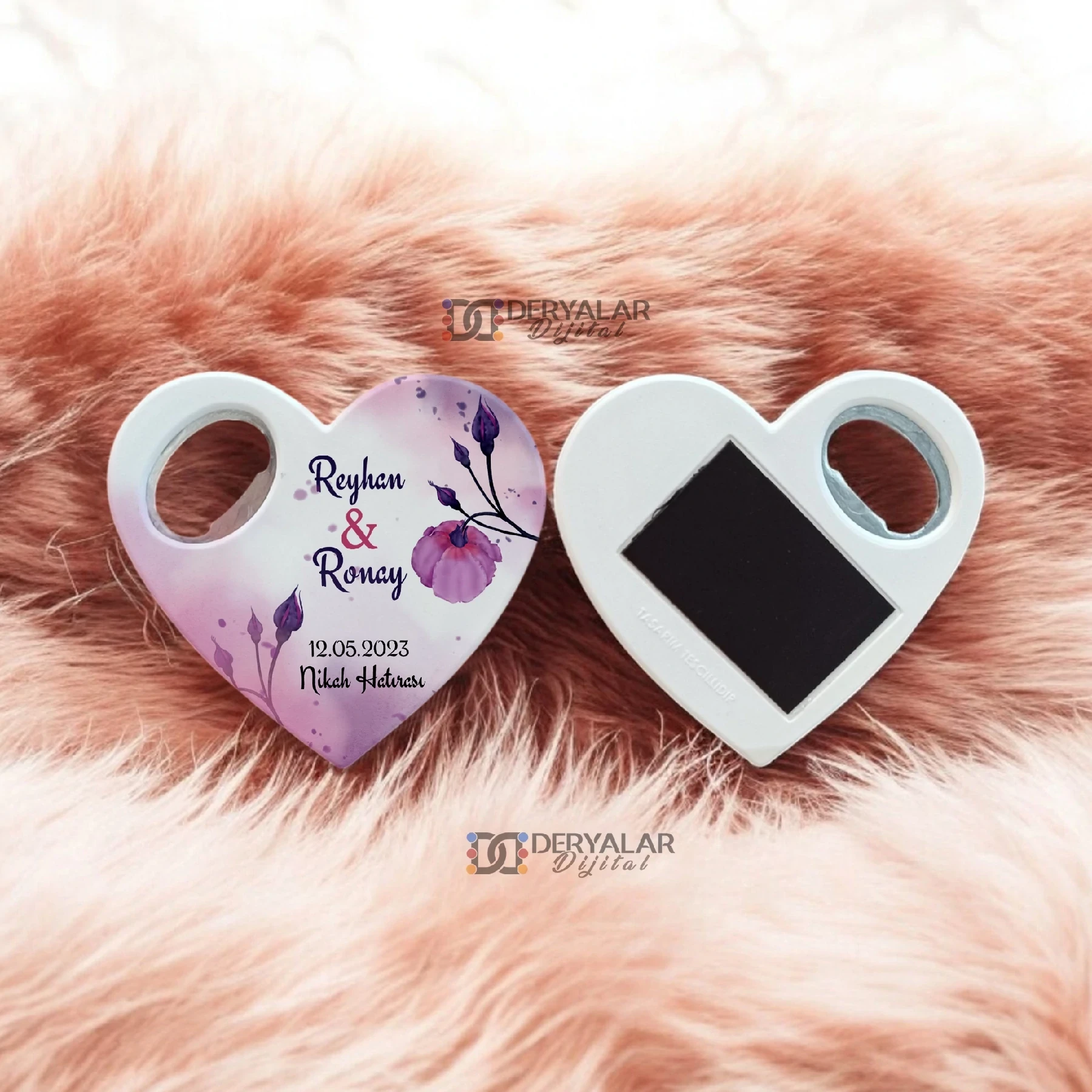 DRY46 Kalp Şeklinde Şişe Açacağı Magnet Kişiye Özel Baskı Toplu Hediyelik