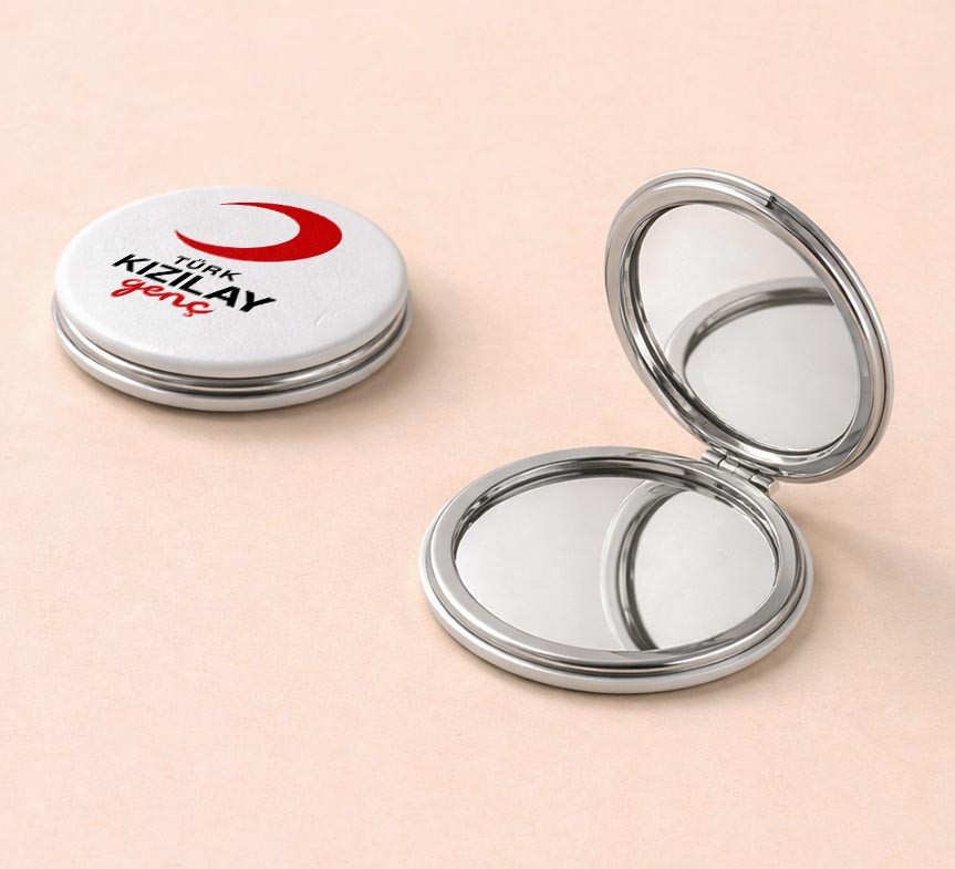 Yuvarlak Model Metal Cep Aynası Deri Dış Yüzey 7,1 x 7,1 cm Özel Logo Baskılı