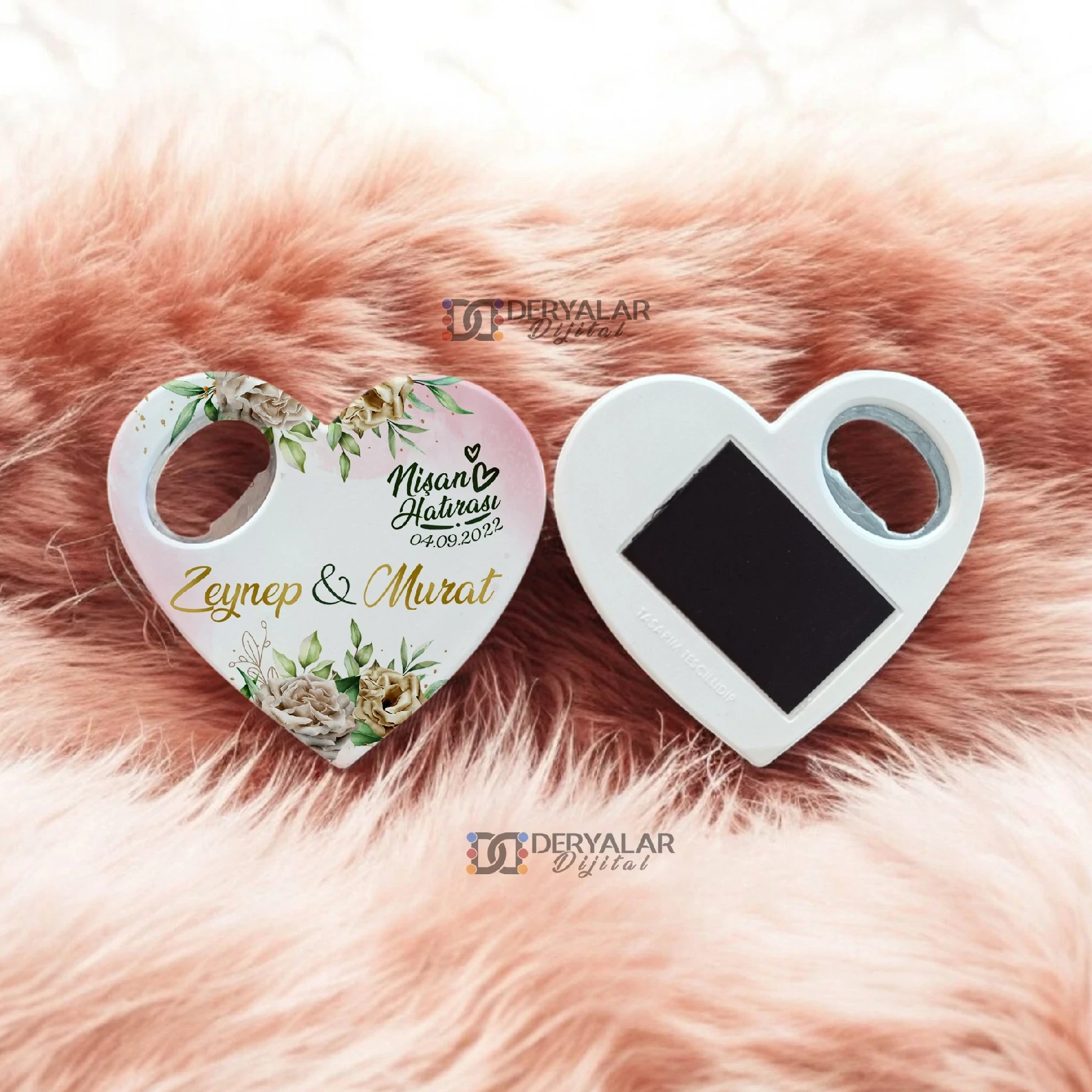 DRY18 Kalp Şeklinde Şişe Açacağı Magnet Kişiye Özel Baskı Toplu Hediyelik