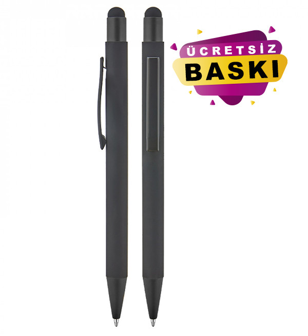 Siyah Renk Metal Tükenmez Touchpen Promosyon Kalem Rubber Gövde 1027 Model